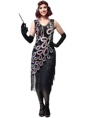 Sparkly Long Black Womens 1920s Dress with Asymmetrical Fringe