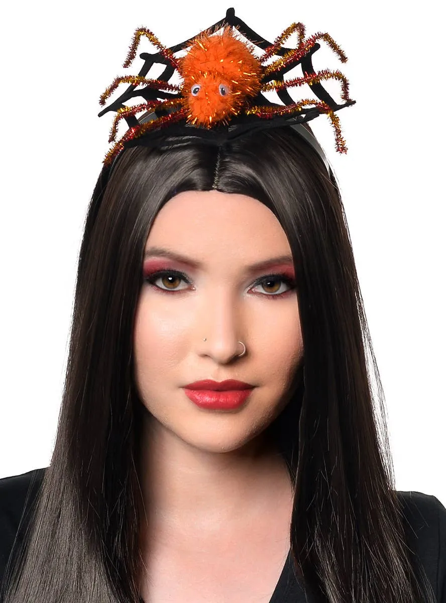 Sparkly Orange Spider and Web Halloween Headband