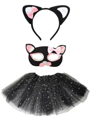 Sparkly Pink and Black Cat Girls 3 Piece Accessory Set