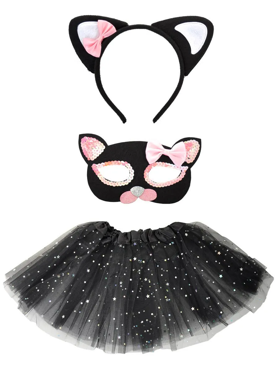 Sparkly Pink and Black Cat Girls 3 Piece Accessory Set