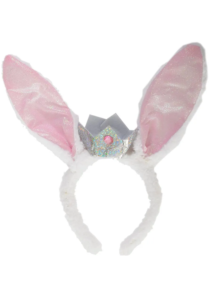 Sparkly Pink and White Bunny Costume Ears with Crown