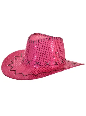 Sparkly Pink Sequin Cowgirl Festival Hat with Black Trim