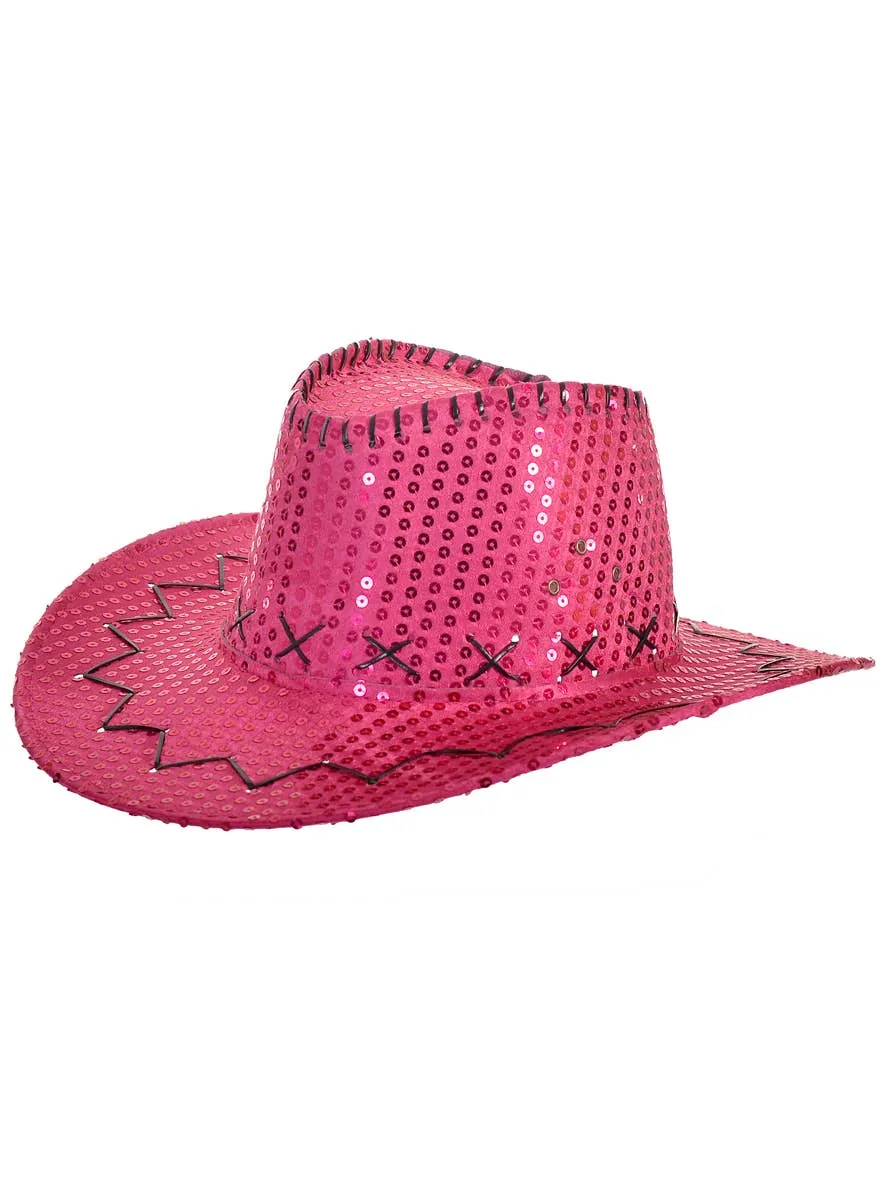 Sparkly Pink Sequin Cowgirl Festival Hat with Black Trim