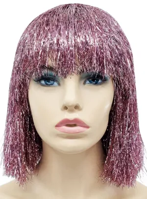 Sparkly Pink Tinsel Short Bob Costume Wig with Fringe
