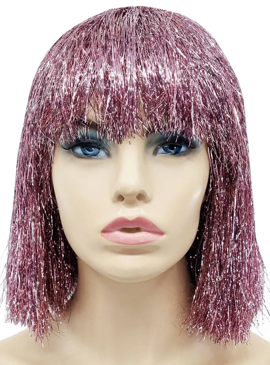 Sparkly Pink Tinsel Short Bob Costume Wig with Fringe
