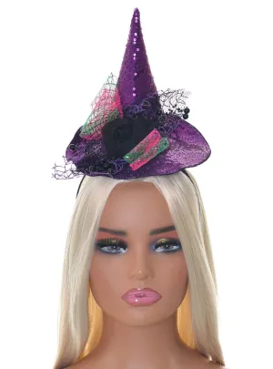 Sparkly Purple Mini Witch Hat on Headband Halloween Accessory