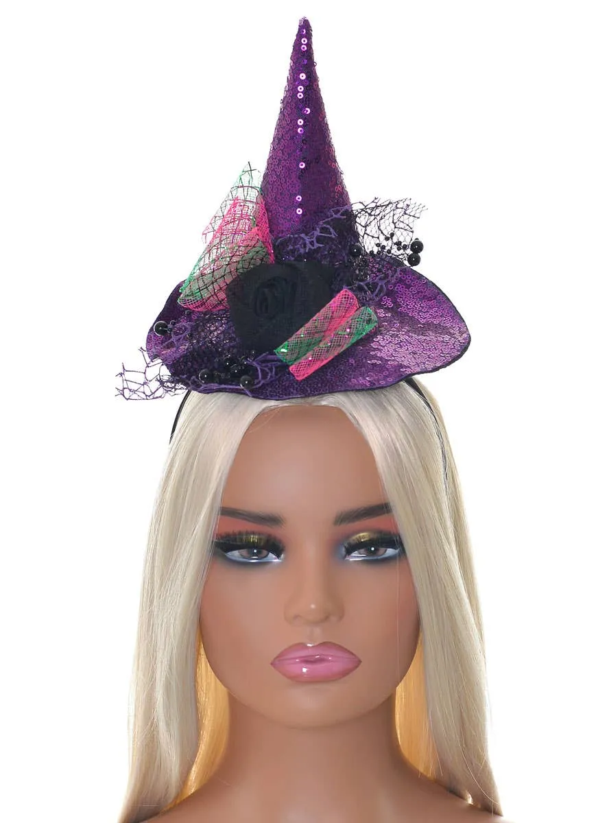 Sparkly Purple Mini Witch Hat on Headband Halloween Accessory
