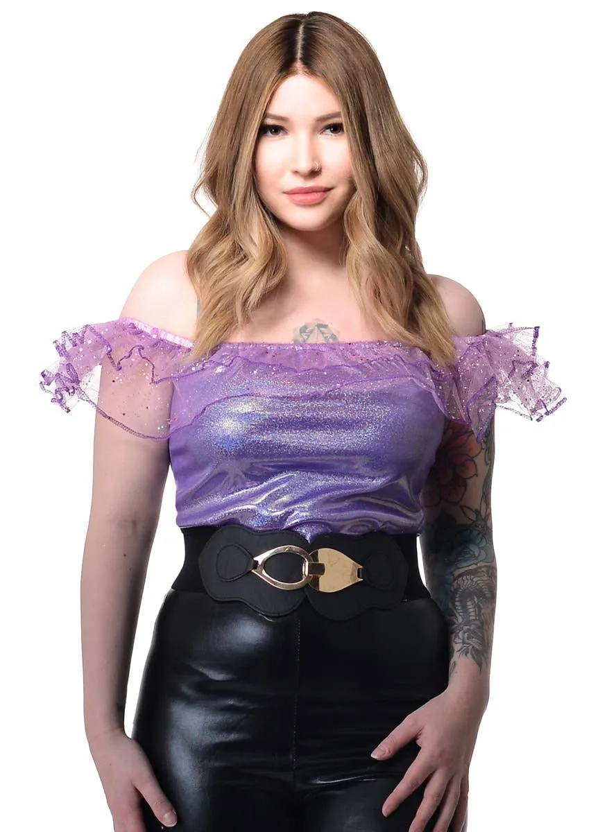 Sparkly Purple Ruffle 1980s Womens Costume Shirt