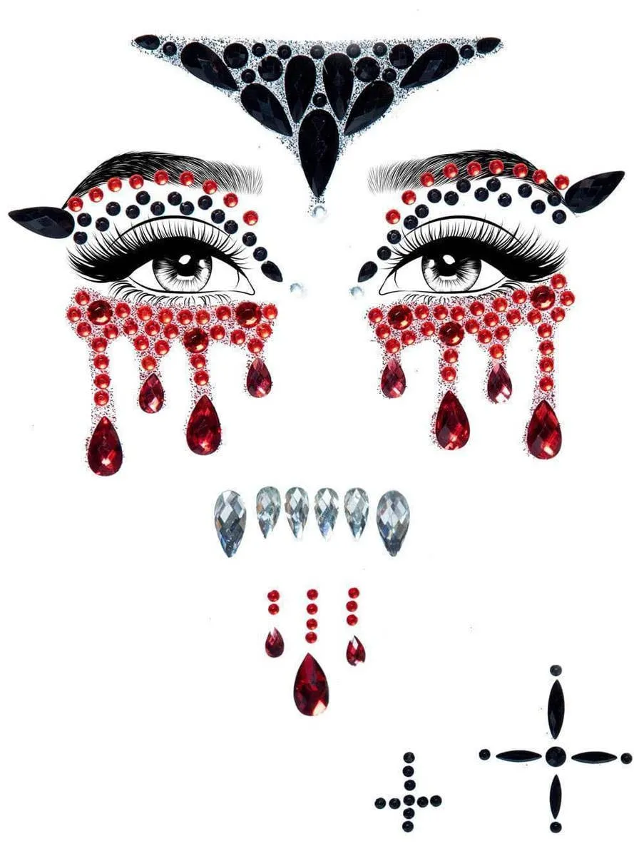 Sparkly Red and Black Vampire Stick On Halloween Face Jewels