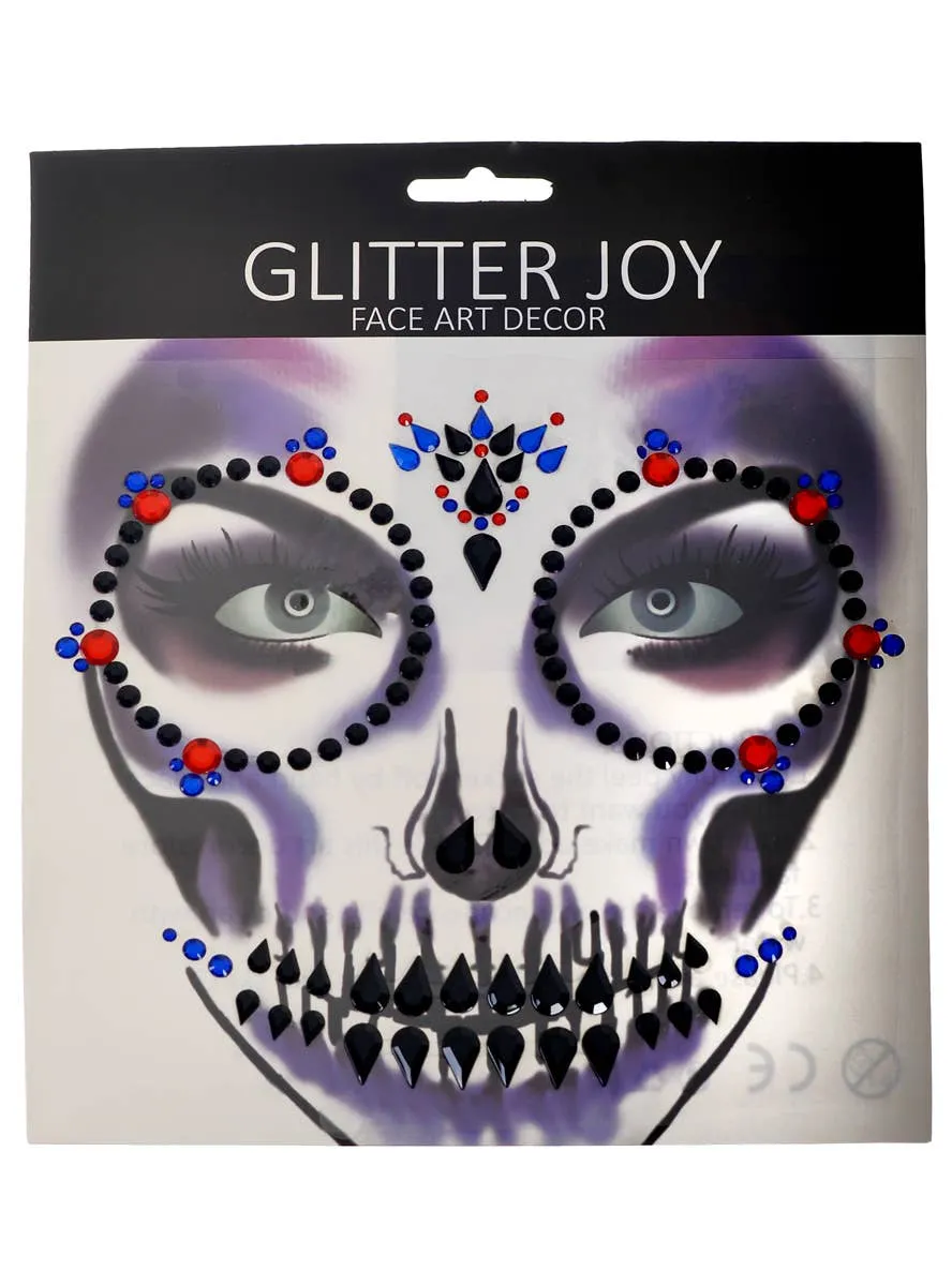 Sparkly Red Blue and Black Skeleton Halloween Face Jewels