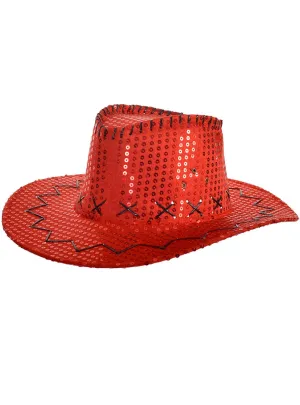 Sparkly Red Sequin Cowboy Festival Hat with Black Trim