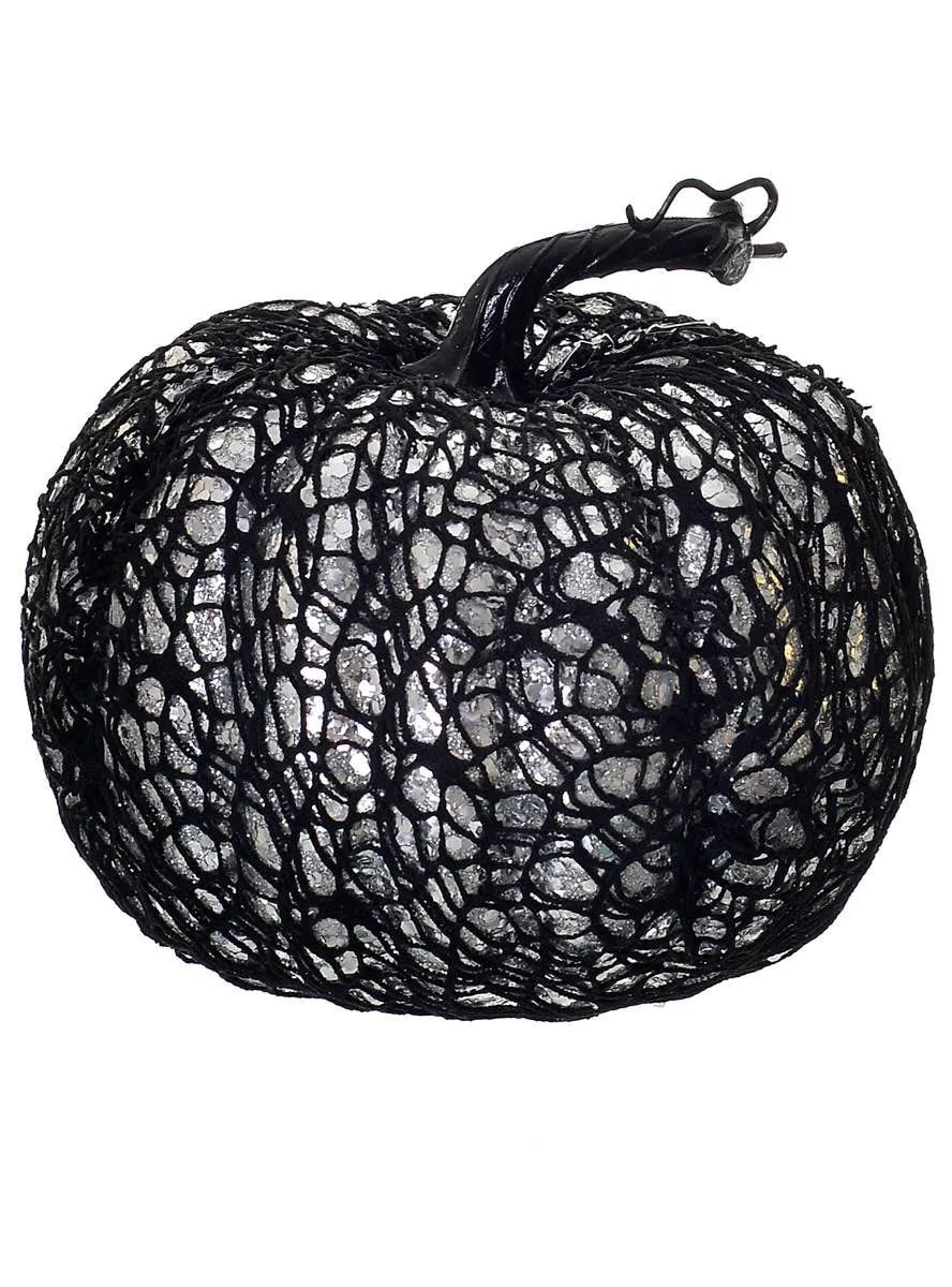Sparkly Silver Glitter Pumpkin with Black Net Halloween Decoration