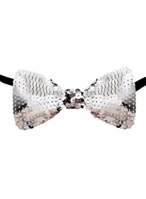 Sparkly Silver Sequin Bow Tie with Elastic Neck Band