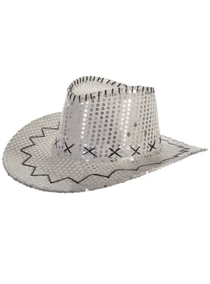 Sparkly Silver Sequin Cowboy Festival Hat with Black Trim