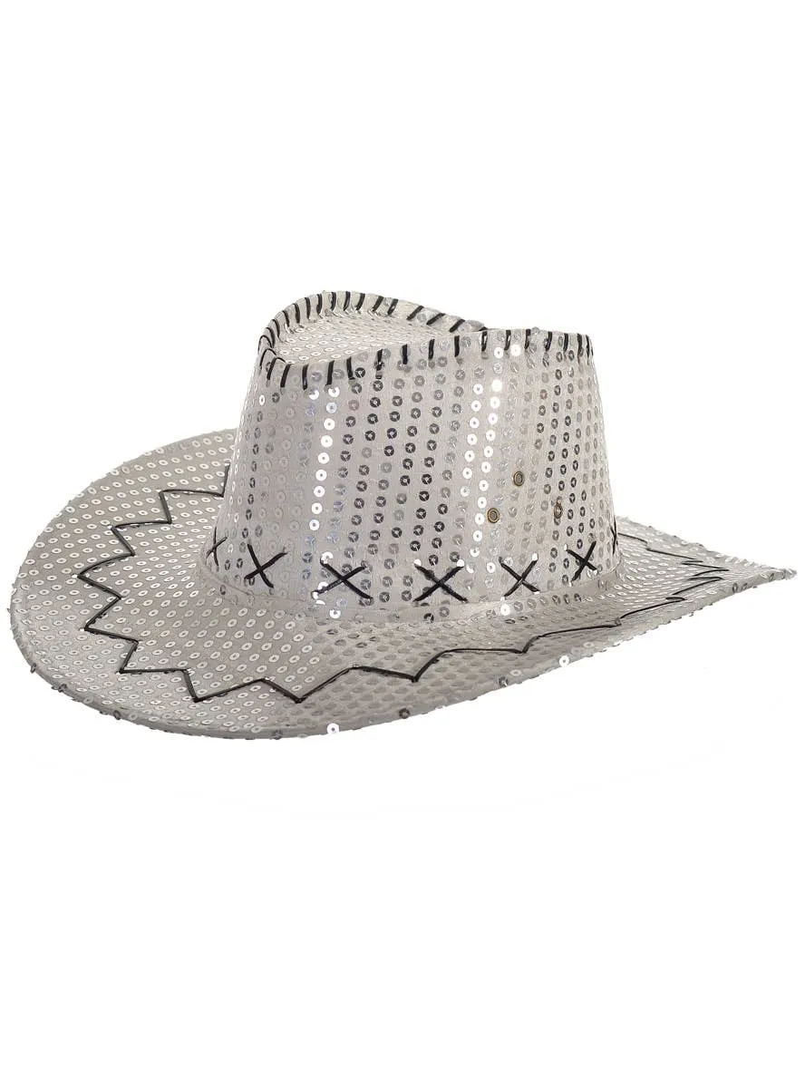 Sparkly Silver Sequin Cowboy Festival Hat with Black Trim