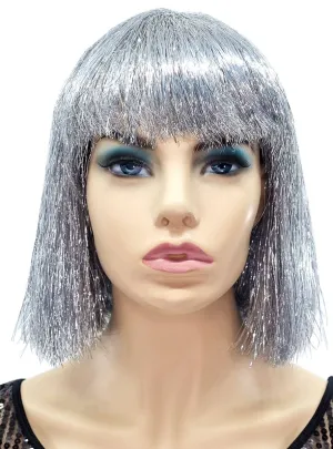 Sparkly Silver Tinsel Short Bob Costume Wig with Fringe