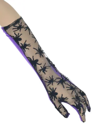 Spider Mesh Halloween Costume Gloves with Purple Lining