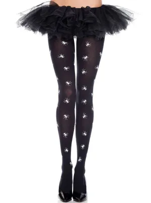 Spider Print Womens Black Opaque Halloween Stockings