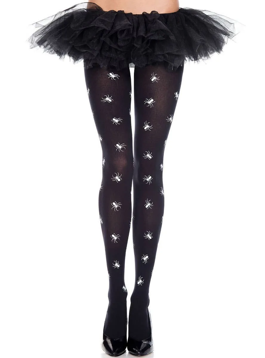Spider Print Womens Black Opaque Halloween Stockings