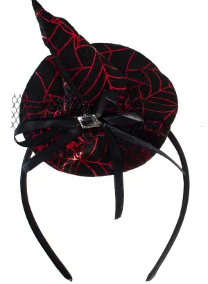 Spiderweb Print Mini Black Witch Hat on Headband