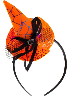 Spiderweb Print Mini Orange Witch Hat on Headband