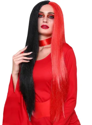 Split Red and Black Womens Long Costume Wig