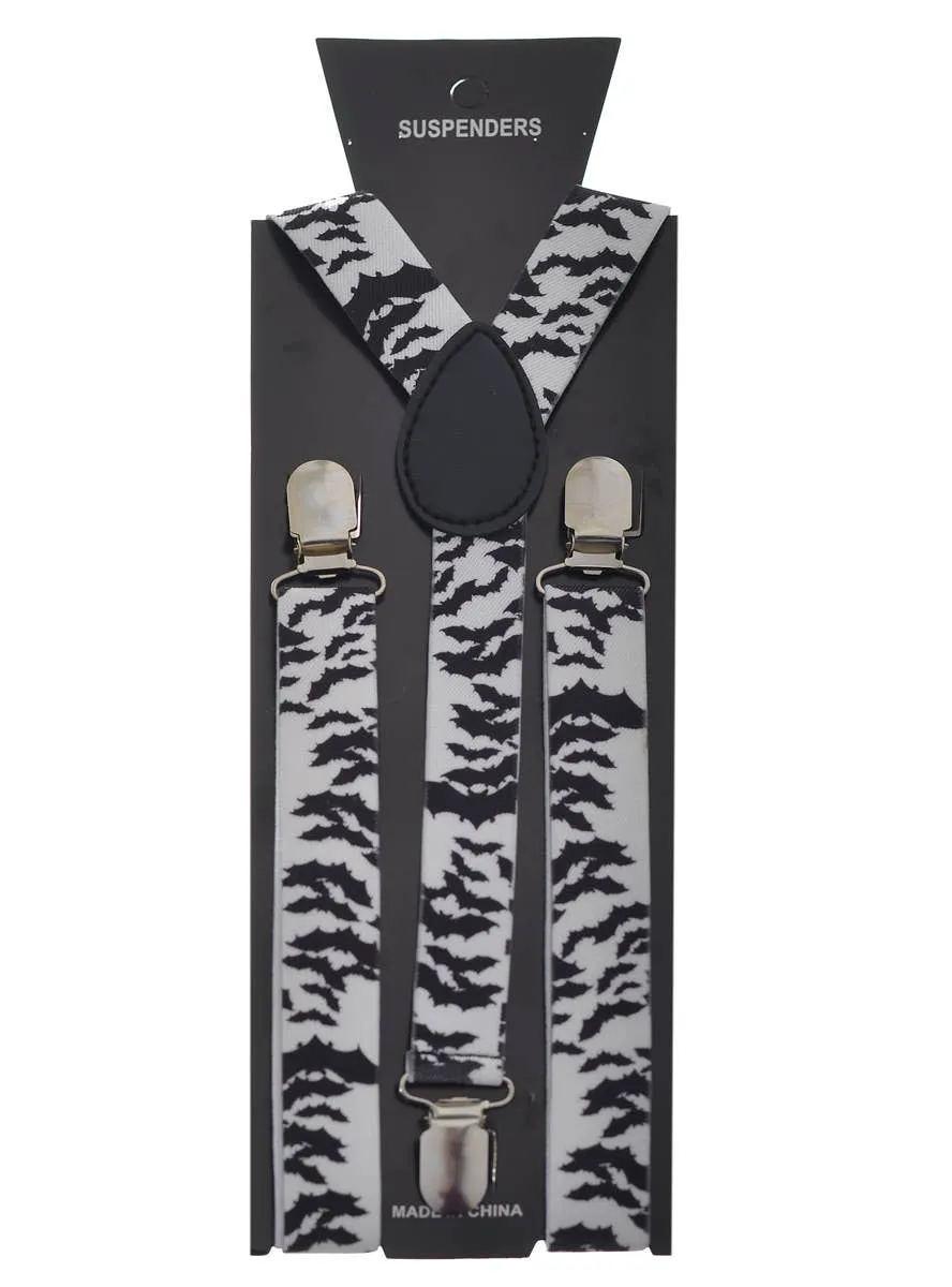 Spooky Bat Print Black and White Halloween Suspenders
