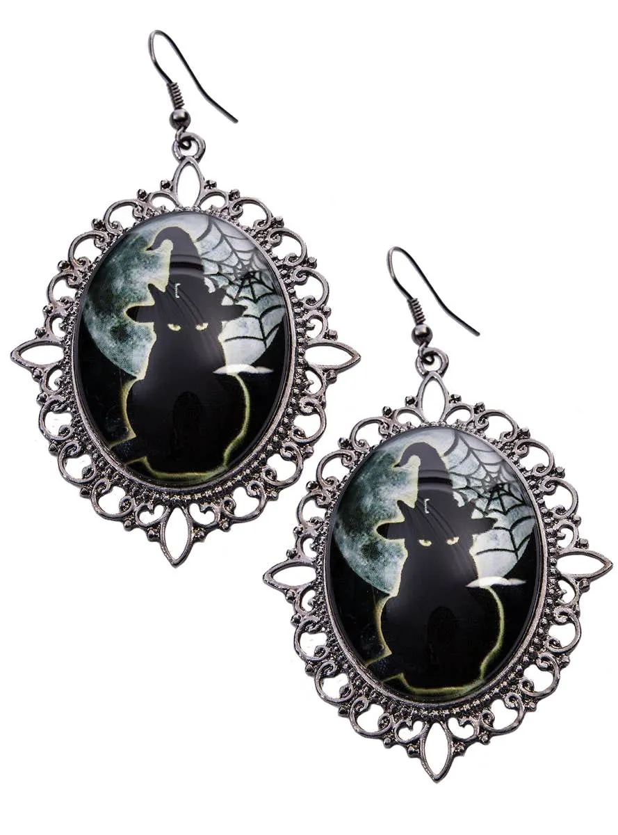 Spooky Black Cat Cameo Halloween Costume Earrings