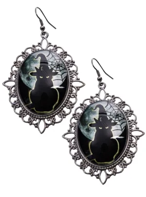 Spooky Black Cat Cameo Halloween Costume Earrings