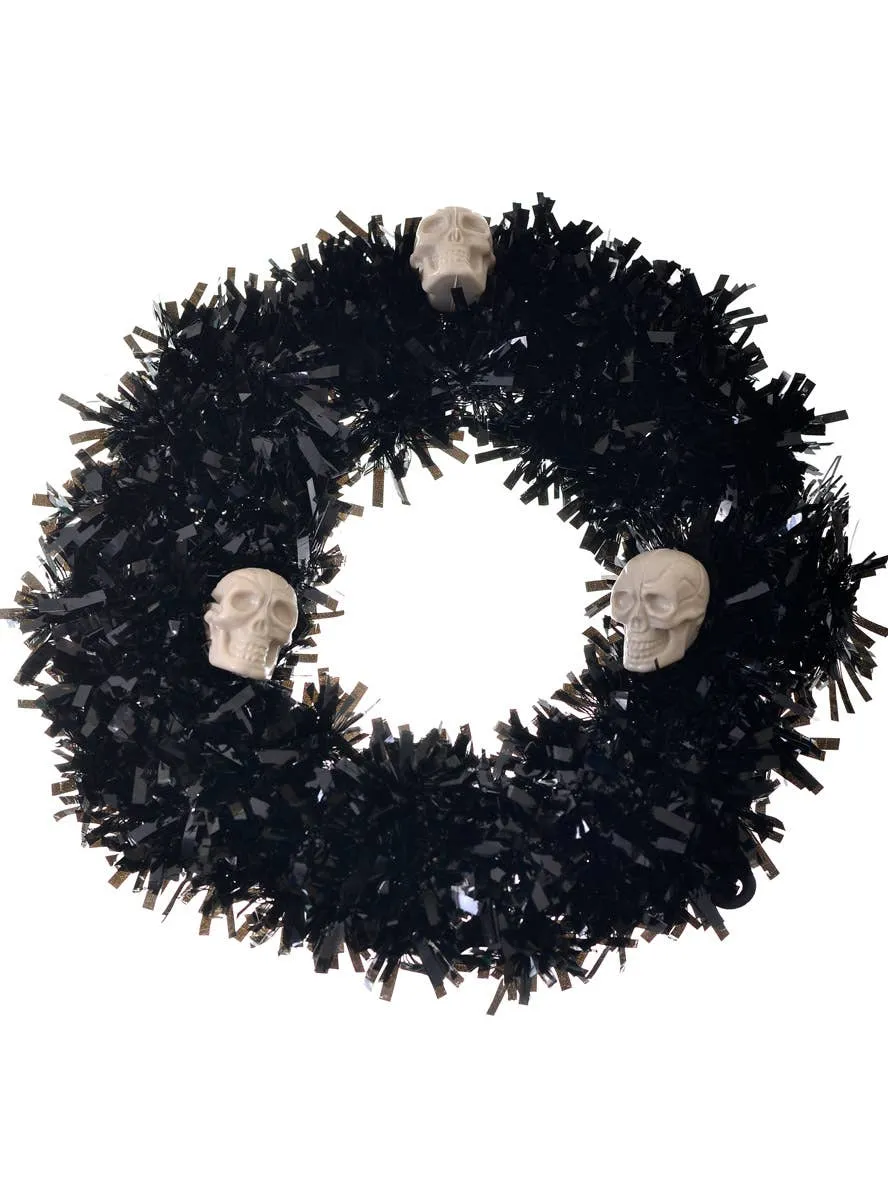 Spooky Black Tinsel and Skulls Halloween Wreath Decoration