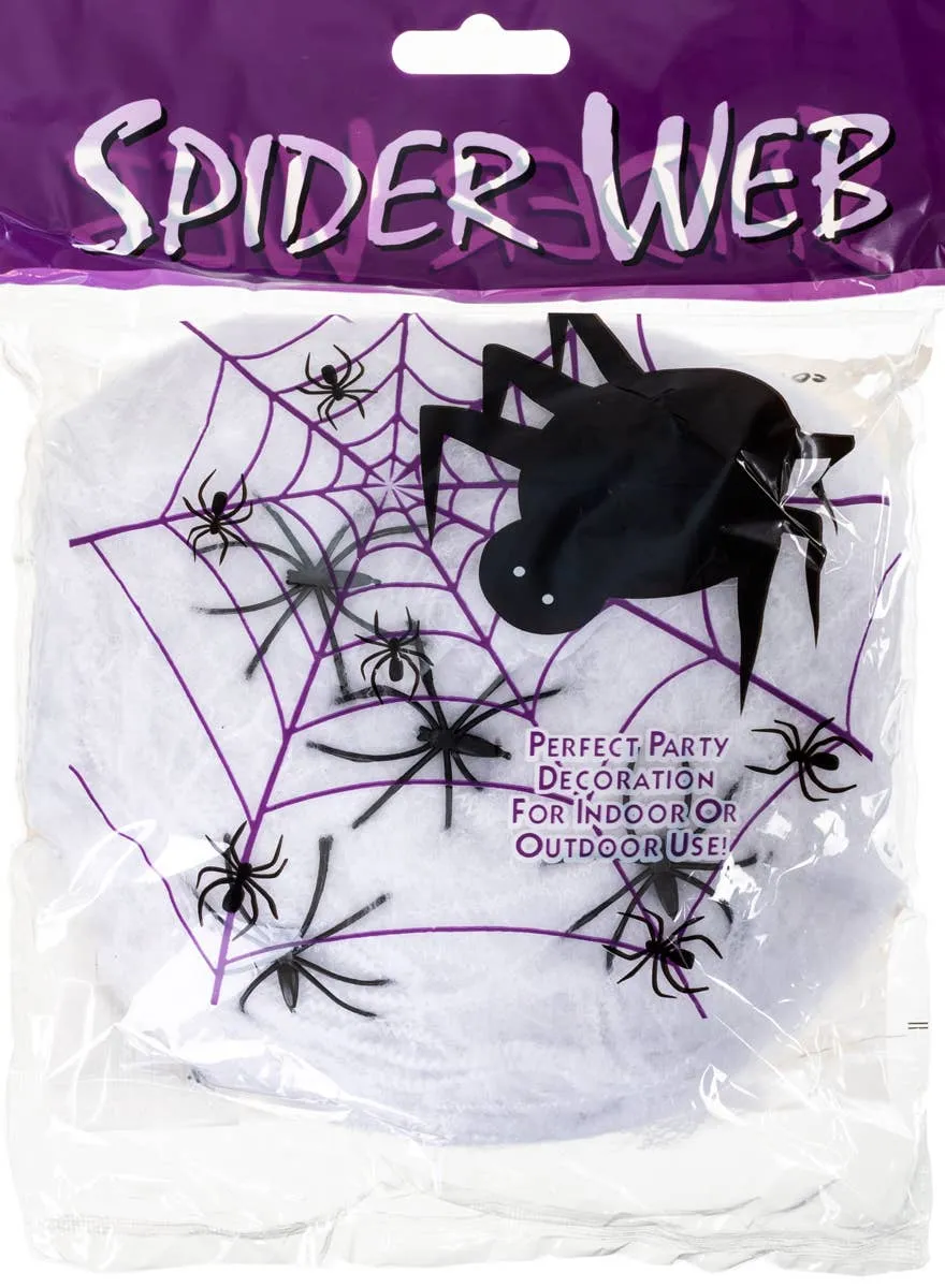 Spooky White Stretchy Spider Web with 4 Spiders Halloween Decoration