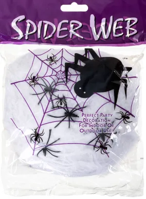 Spooky White Stretchy Spider Web with 4 Spiders Halloween Decoration