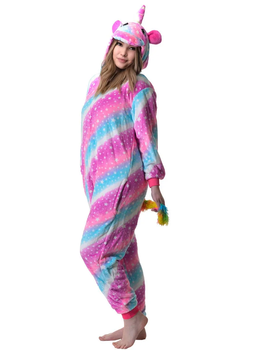 Starry Pink and Blue Striped Unicorn Adults Costume Onesie