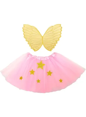 Starry Pink and Gold Tutu and Angel Wings Costume Set