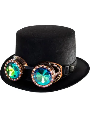 Steampunk Black Top Hat with Jewelled Brass Goggles