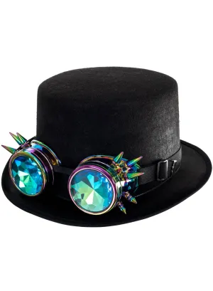 Steampunk Black Top Hat with Spiked Rainbow Goggles