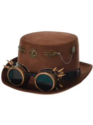 Steampunk Brown Faux Suede Top Hat with Goggles