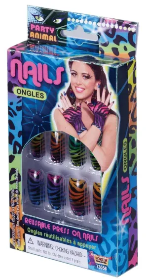 Stick On Fake 80s Zebra Print Rainbow Nails
