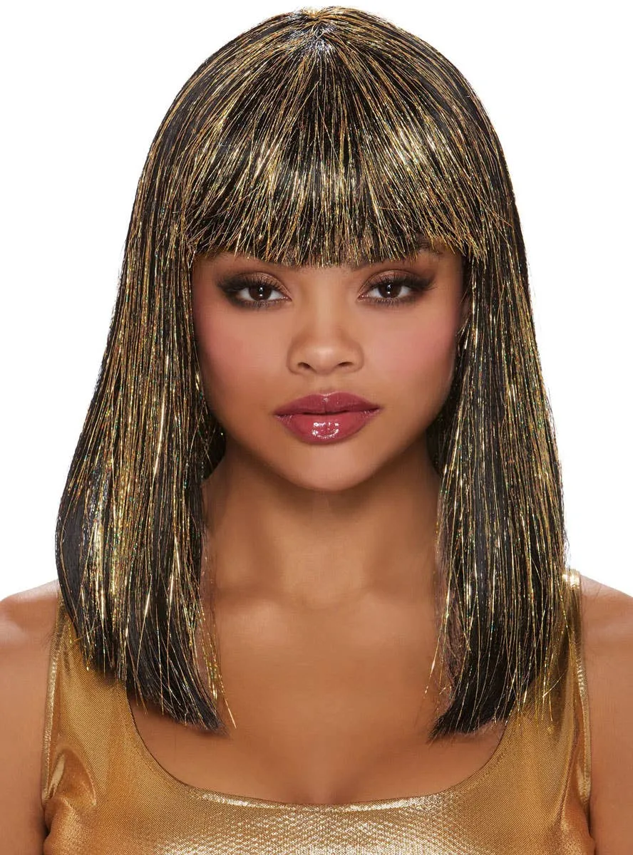 Straight Black Bob Womens Costume Wig with Gold Glitter Tinsel