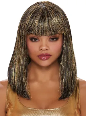 Straight Black Bob Womens Costume Wig with Gold Glitter Tinsel