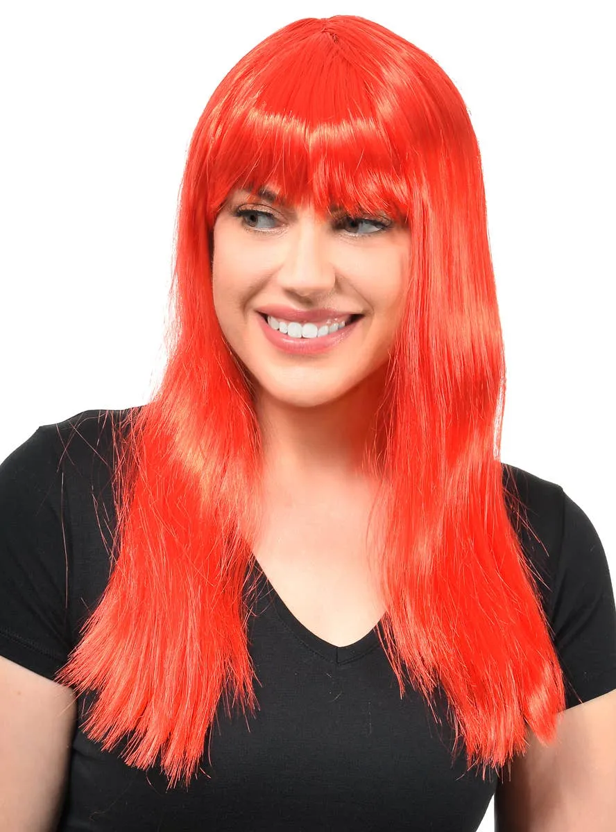 Straight Bright Red Womens Costume Wig with Fringe