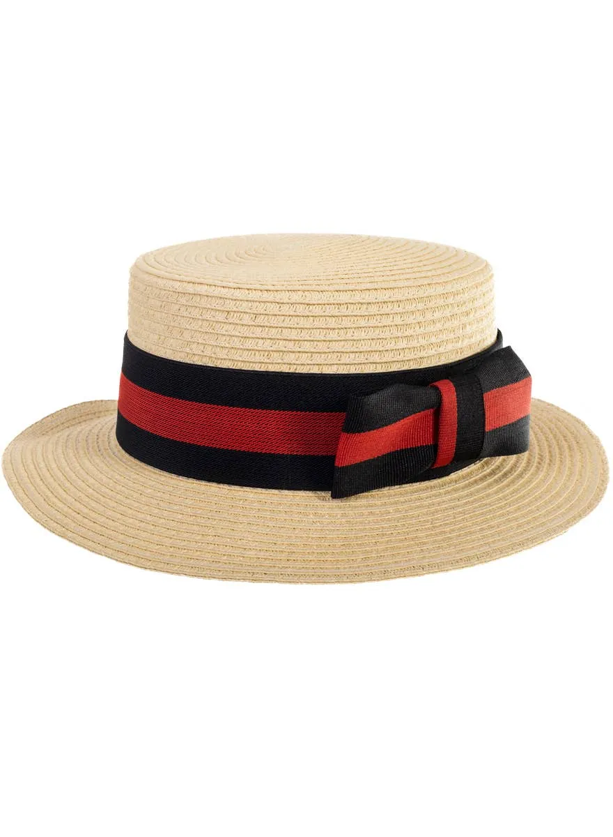 Straw Boater Costume Hat with Red and Black Band