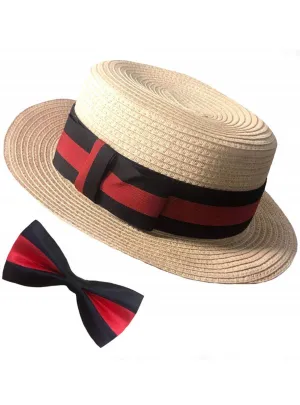 Straw Boater Hat and Bow Tie Costume Accessory Set