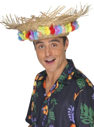 Straw Hawaiian Costume Hat with Rainbow Flowers