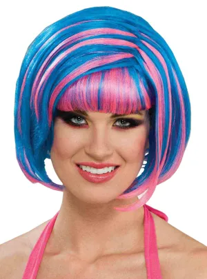 Streaked 1980s Candy Blue and Pink Womens Wig
