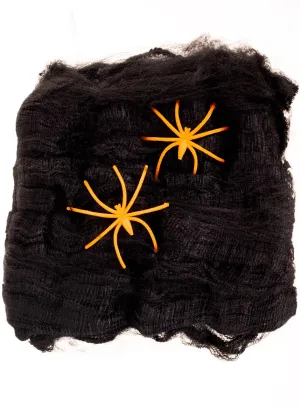 Stretchable Black Spiderweb Halloween Decoration with 2 Orange Spiders