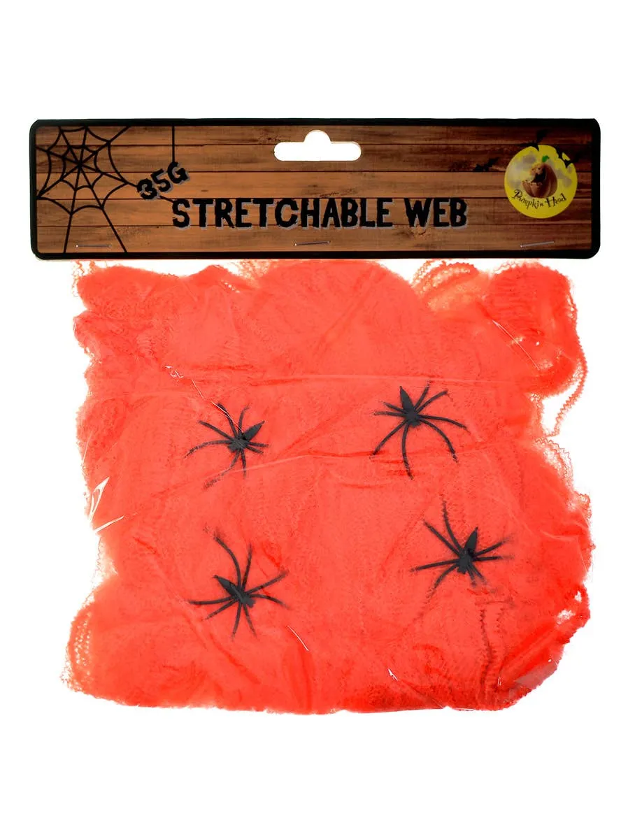 Stretchable Orange Spider Web with Spiders Halloween Decoration
