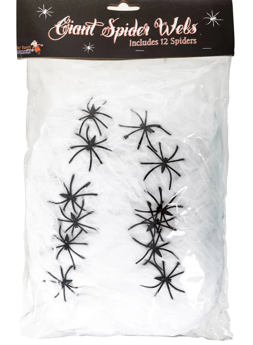 Stretchable White Spider Web Halloween Decoration with 12 Spiders