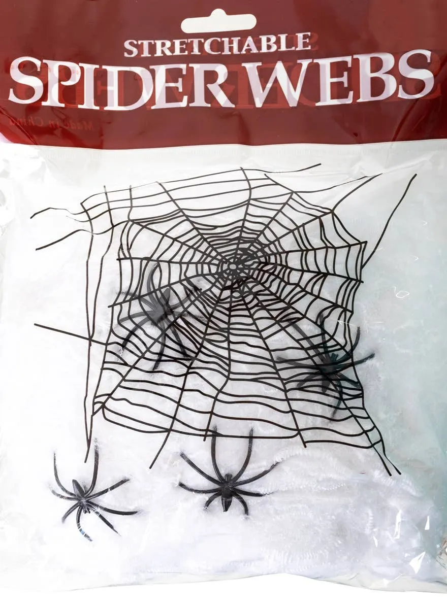 Stretchable White Spider Web Halloween Decoration with 2 Spiders