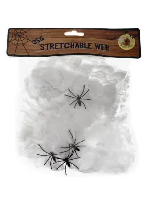 Stretchable White Spider Web with Spiders Halloween Decoration